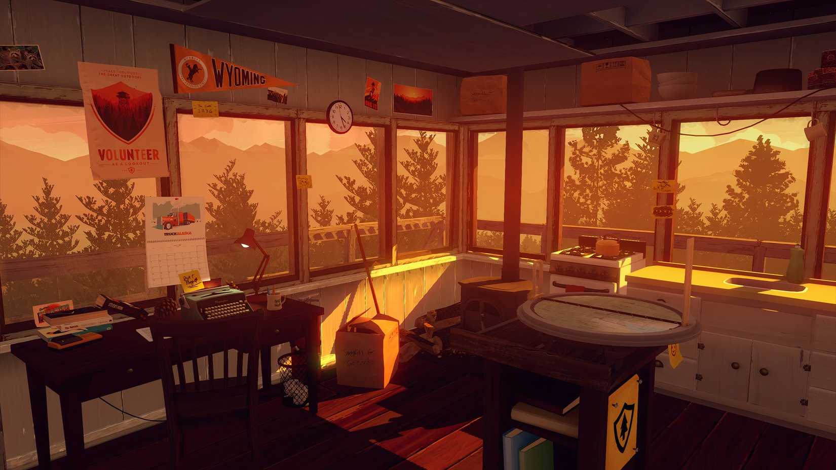 Firewatch video game, interior view of the tower showing the room and its accessories.