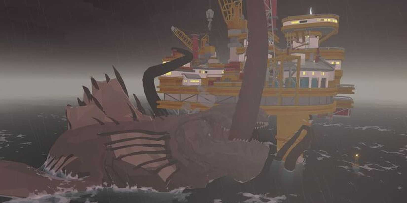 The Leviathan is eating other monsters in its feeding grounds in Dredge.