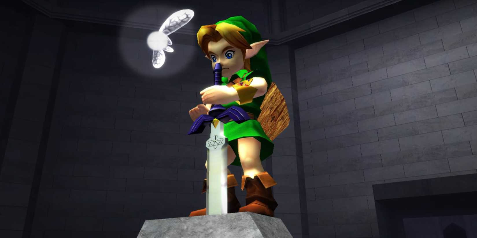 Legend of Zelda: Young links to lift the master knife while NAVI floats on the Ocarina of Time 3D.