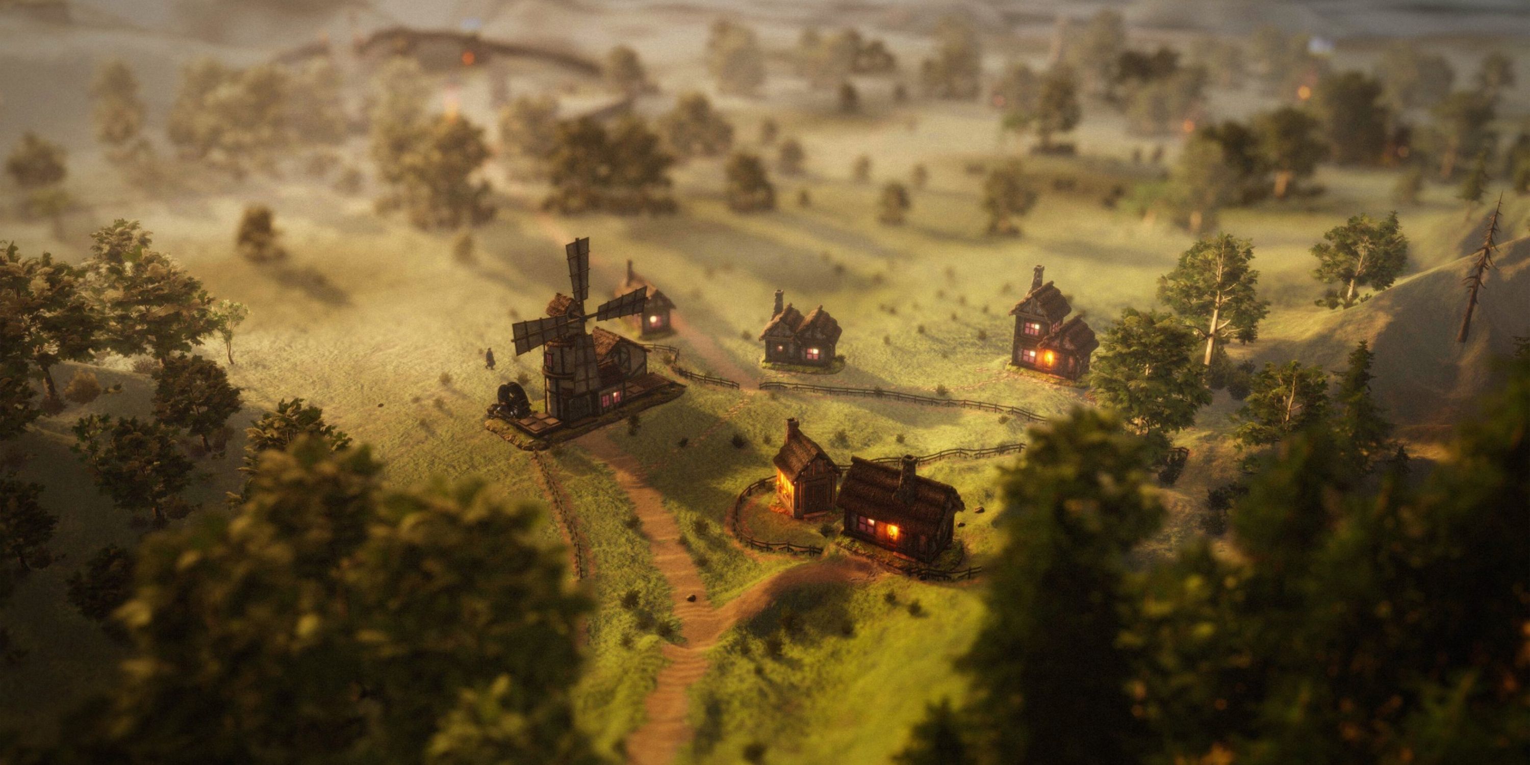 Screenshot de Masters of Albion mostrando uma pequena cidade perto de uma floresta.