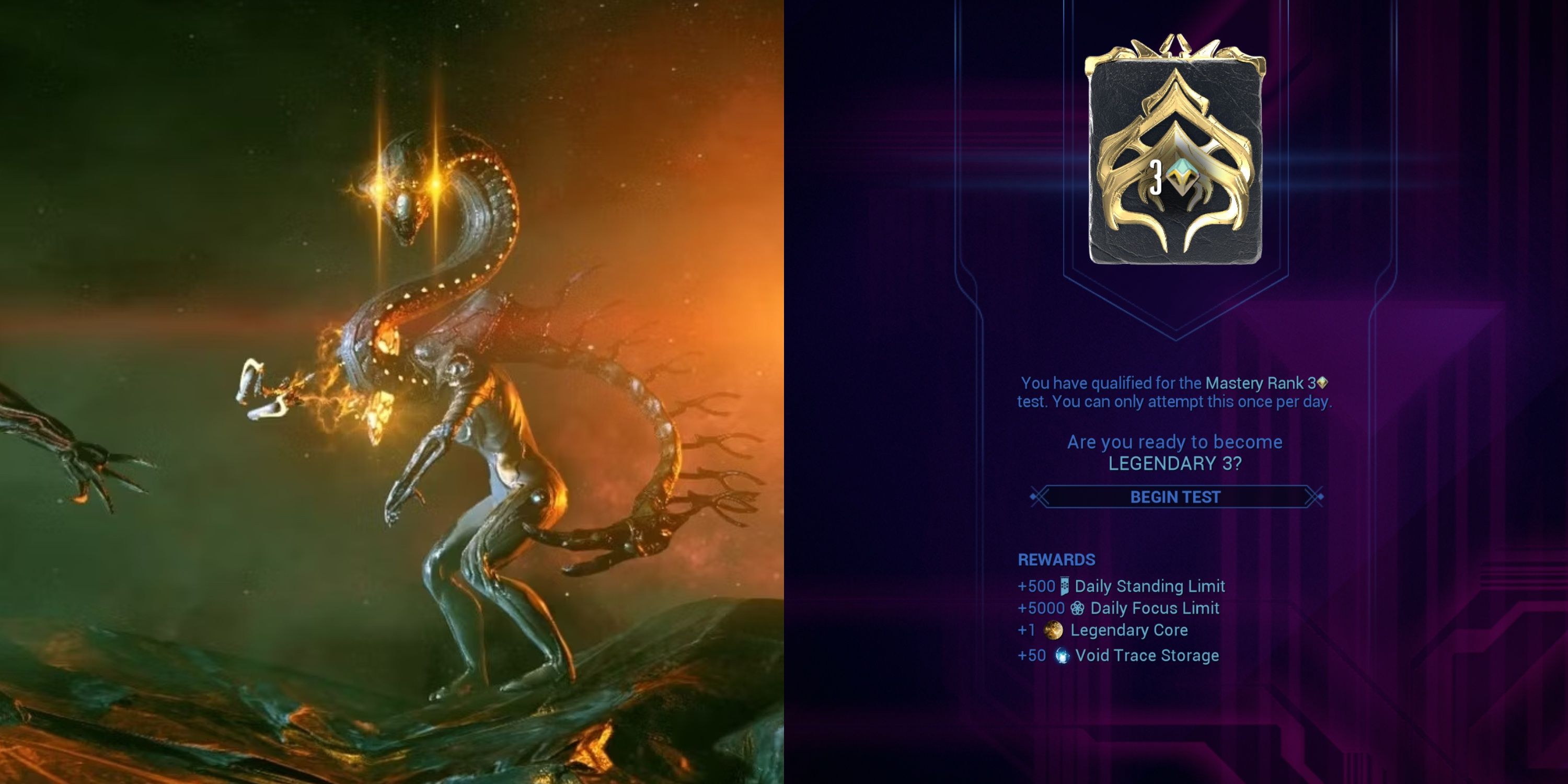 Collage of Archon Nira and the Legendary Mastery Test prep menu in Warframe.