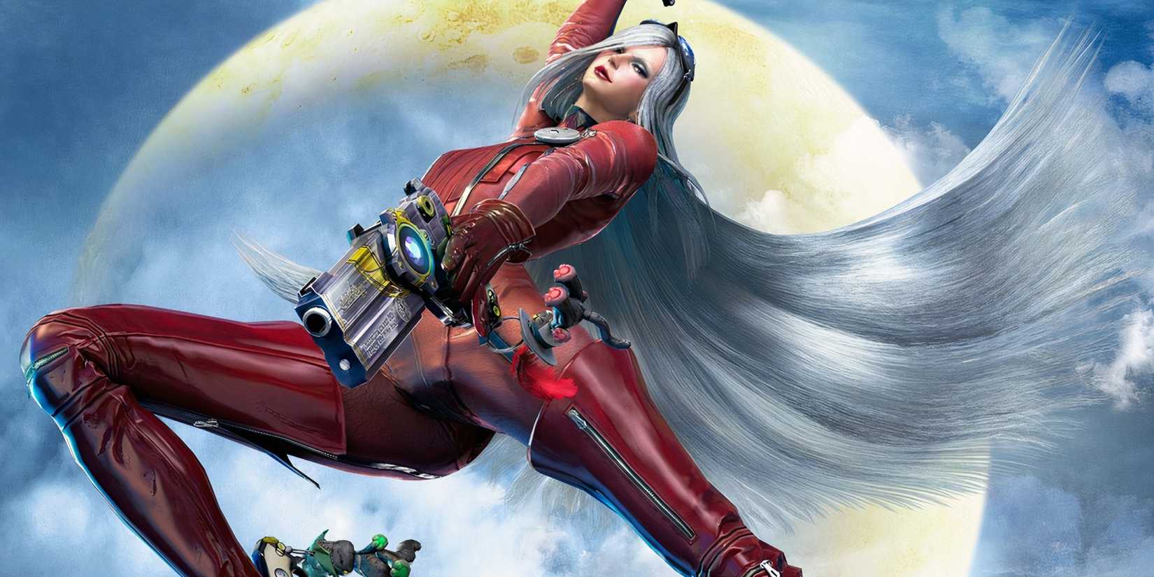 Jeanne points her gun down at Bayonetta.