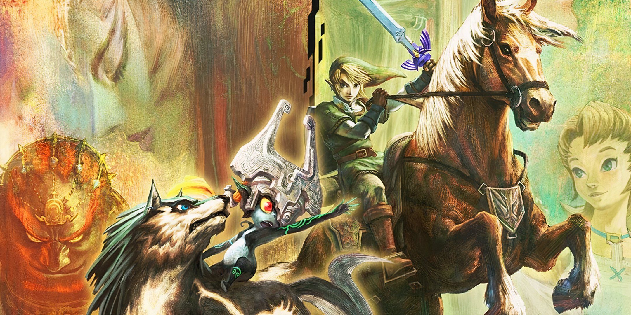 لینک سوار Epona می شود در حالی که Midna سوار Wolf Link در Twilight Princess می شود.