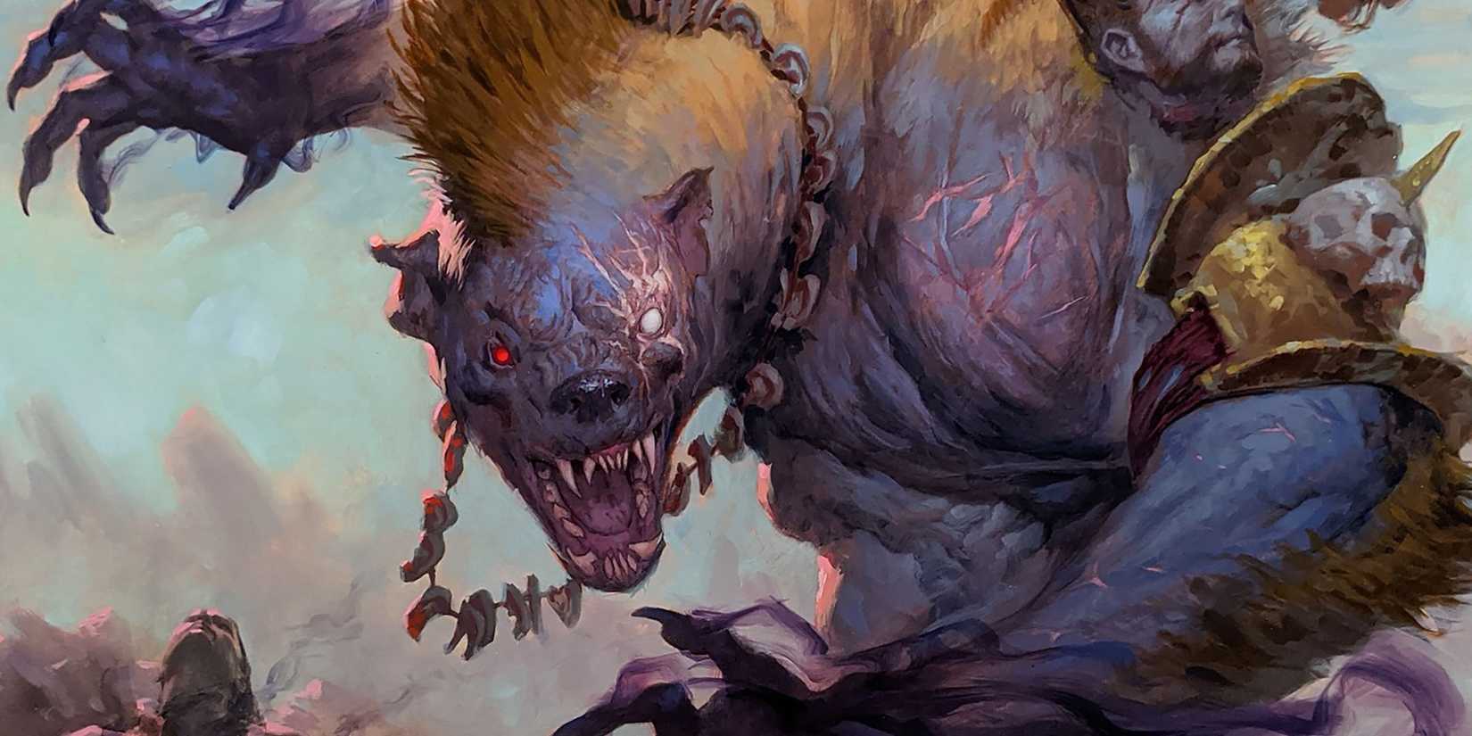 Dungeons & Dragons art of a gnoll or evil wild shape druid moves to attack.