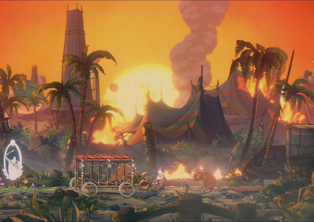 Goldman dragging a cart through a village in The Eternal Life of Goldman.