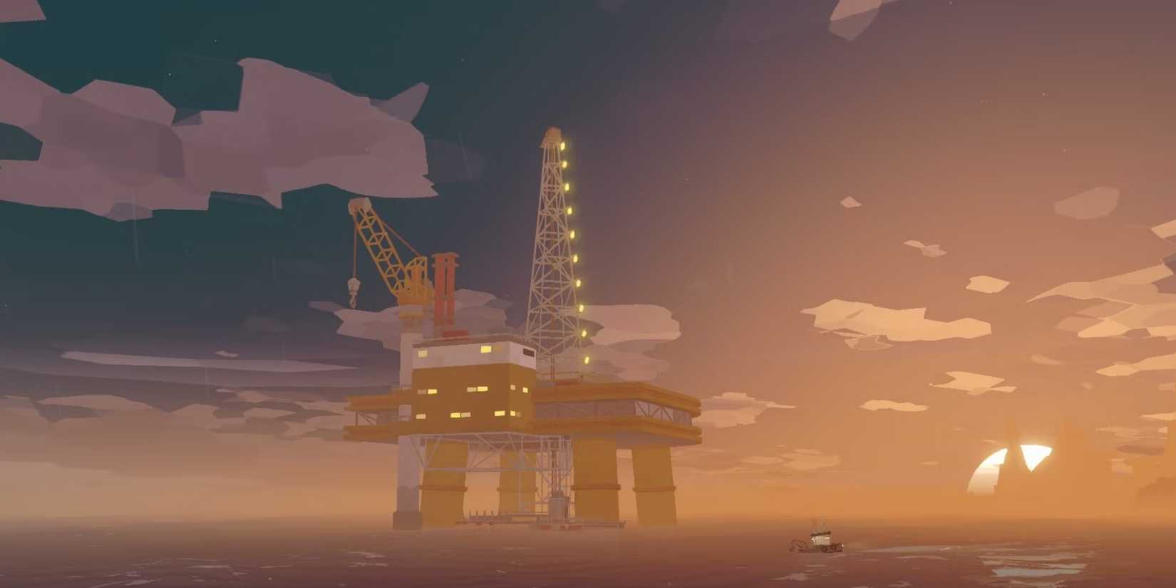 The main art of the player approaching the iron rig in the dredging ship in the Iron Rig DLC.