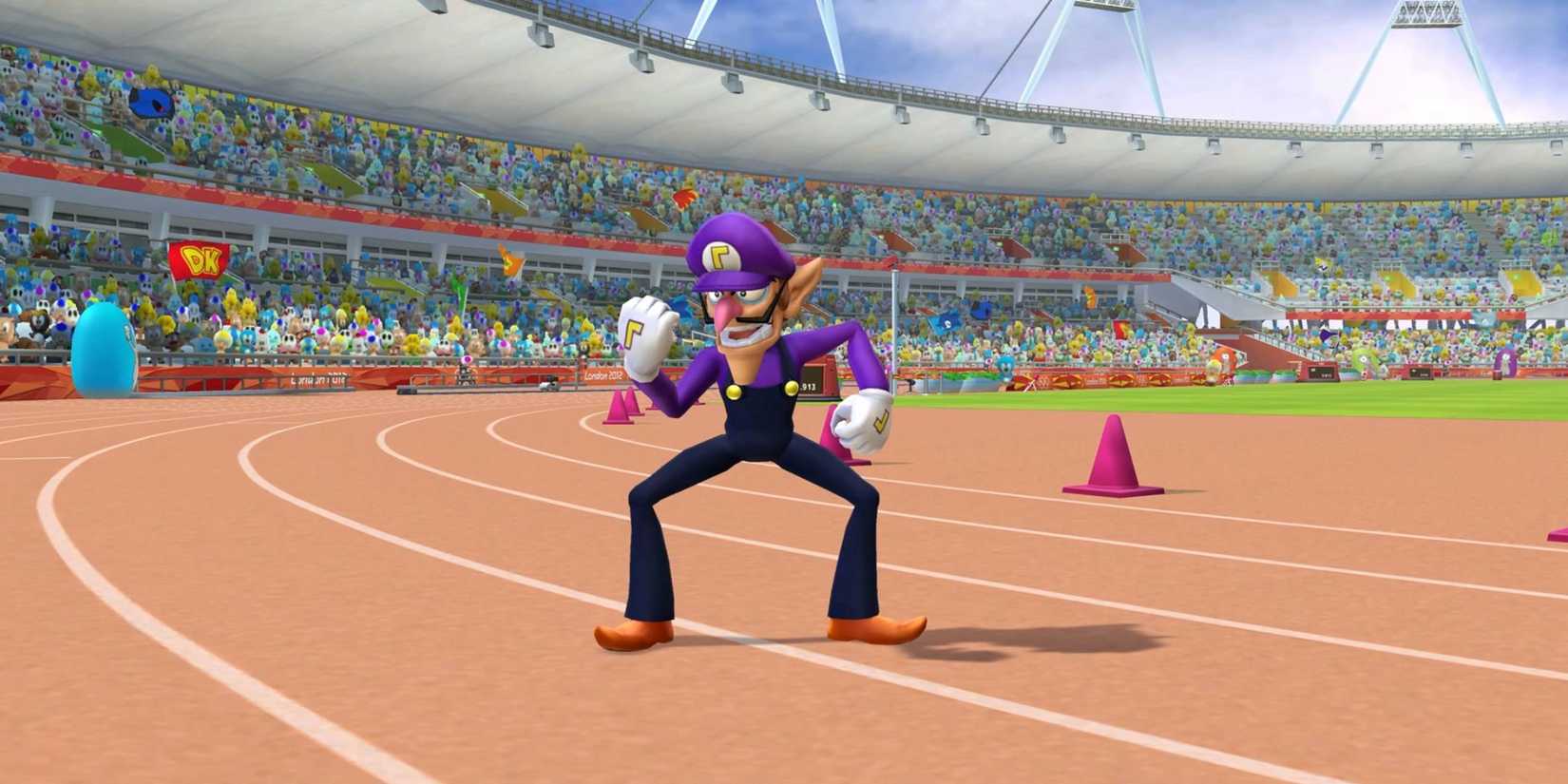 Waluigi celebrates after completing the Mario and Sonic event at the 2012 London Olympics.