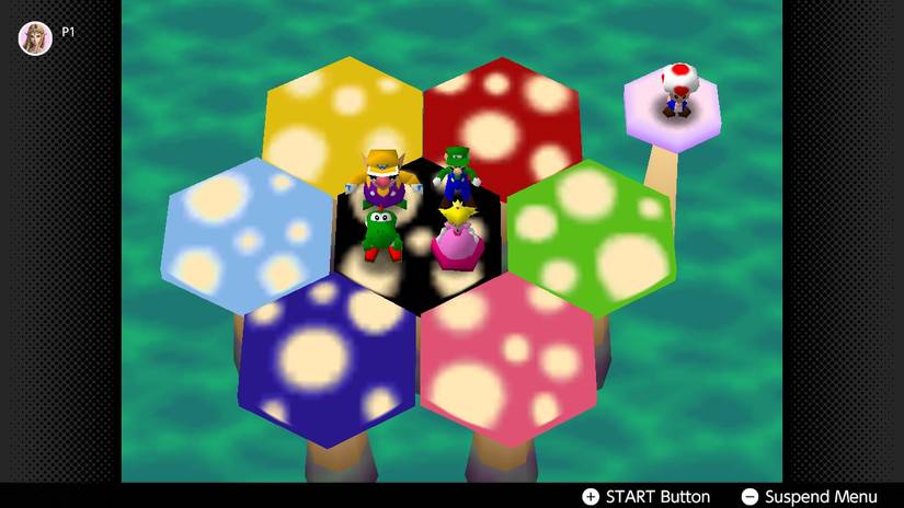 Wario, Luigi, Yoshi, and Peach at the beginning of Mushroom Mix-Up from the original Mario Party.
