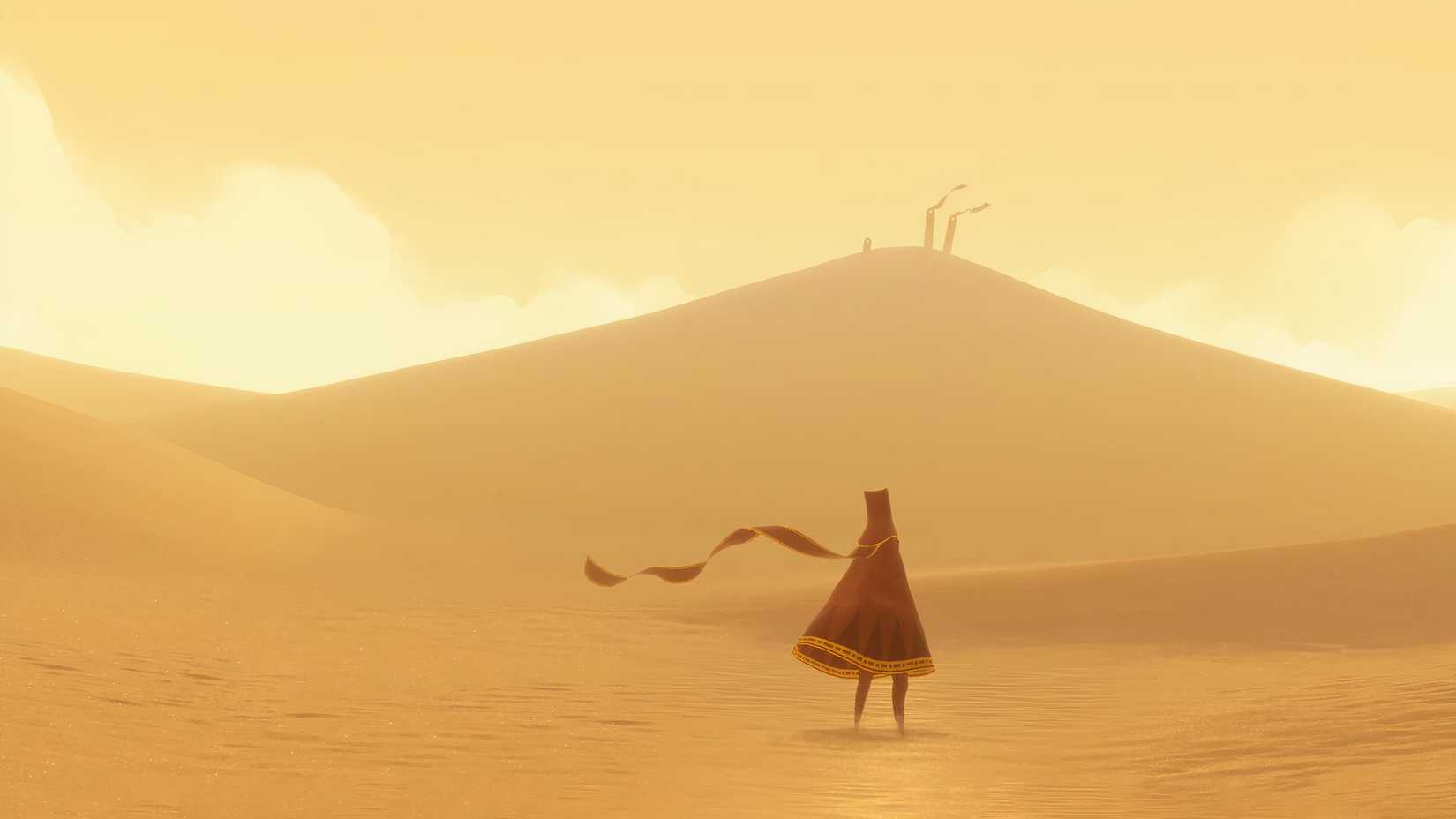 A travel video game, the hero standing in front of a vast desert.