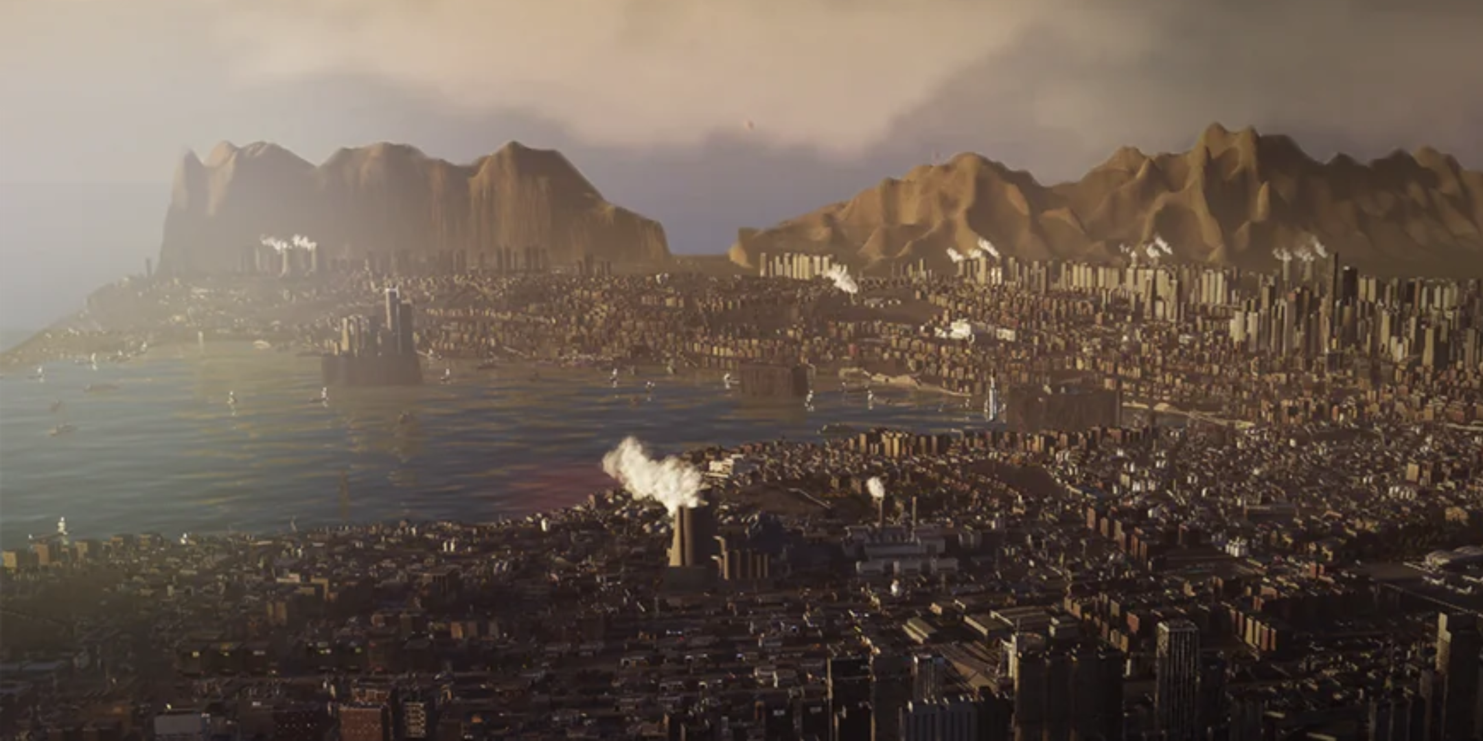 A sweeping shot of a large city bathed in the sunset