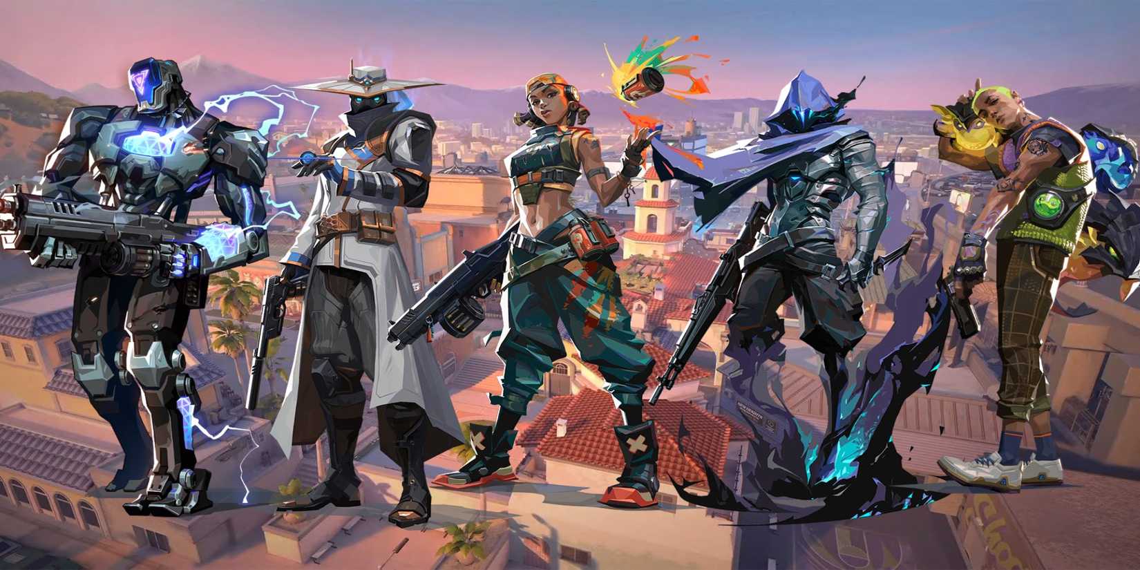 Kay Raze An image showing KayO, Cypher, Raze, Omen and Gekko in Sunset in Valorant.