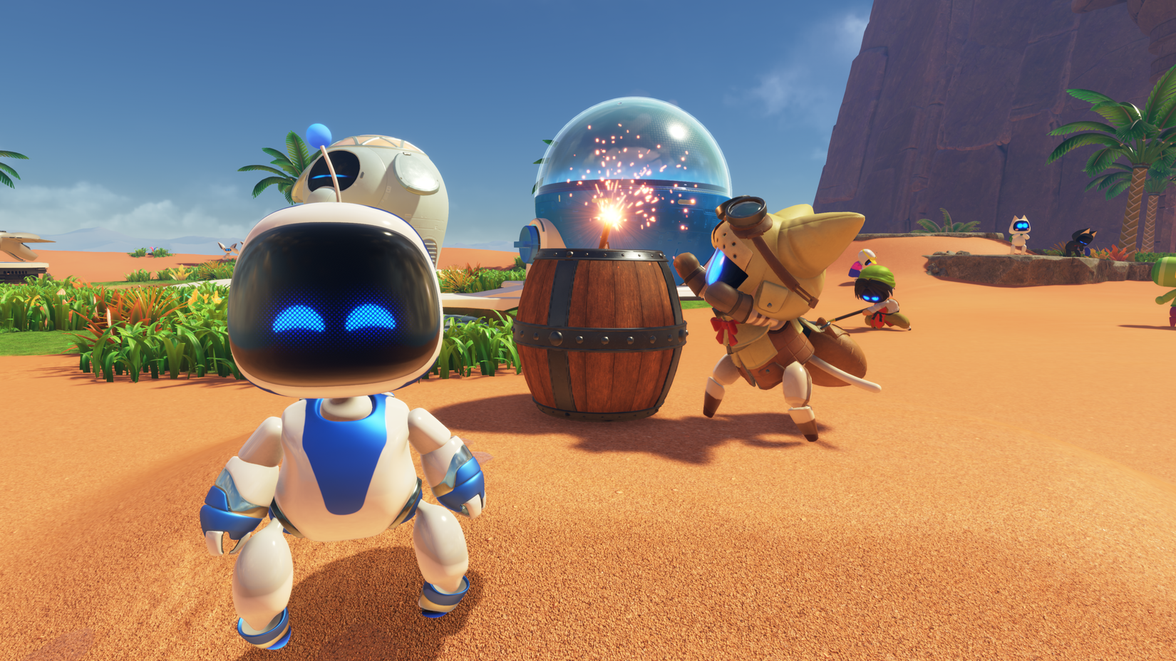Astro Bot Crash Site pic with Monster Hunter's Palico about to blow a barrel up