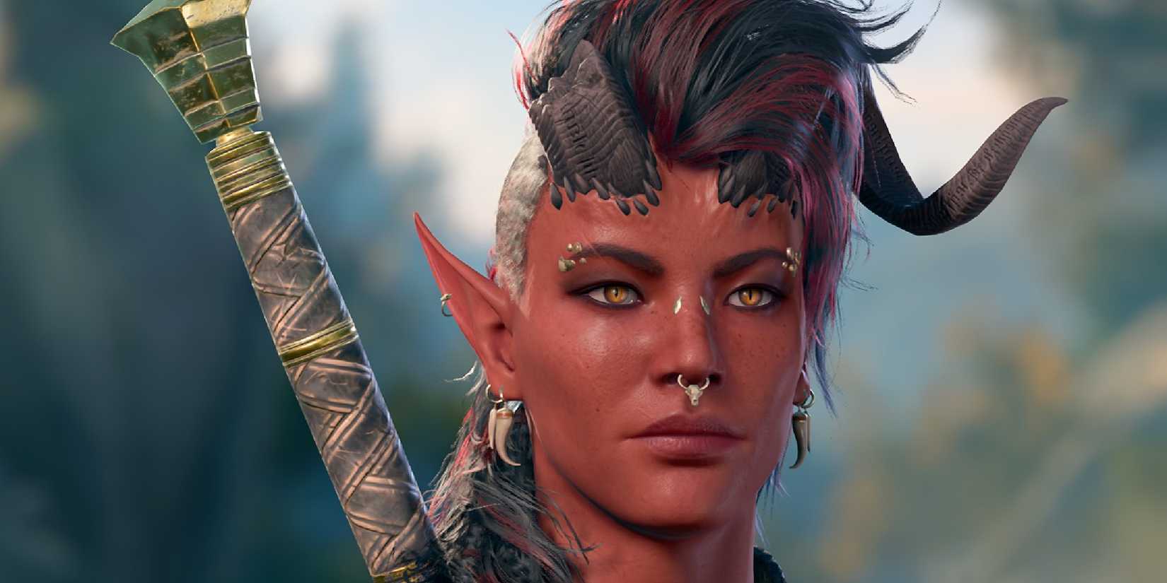 Baldur's Gate 3 image showing Karlach with Wildheart piercings.