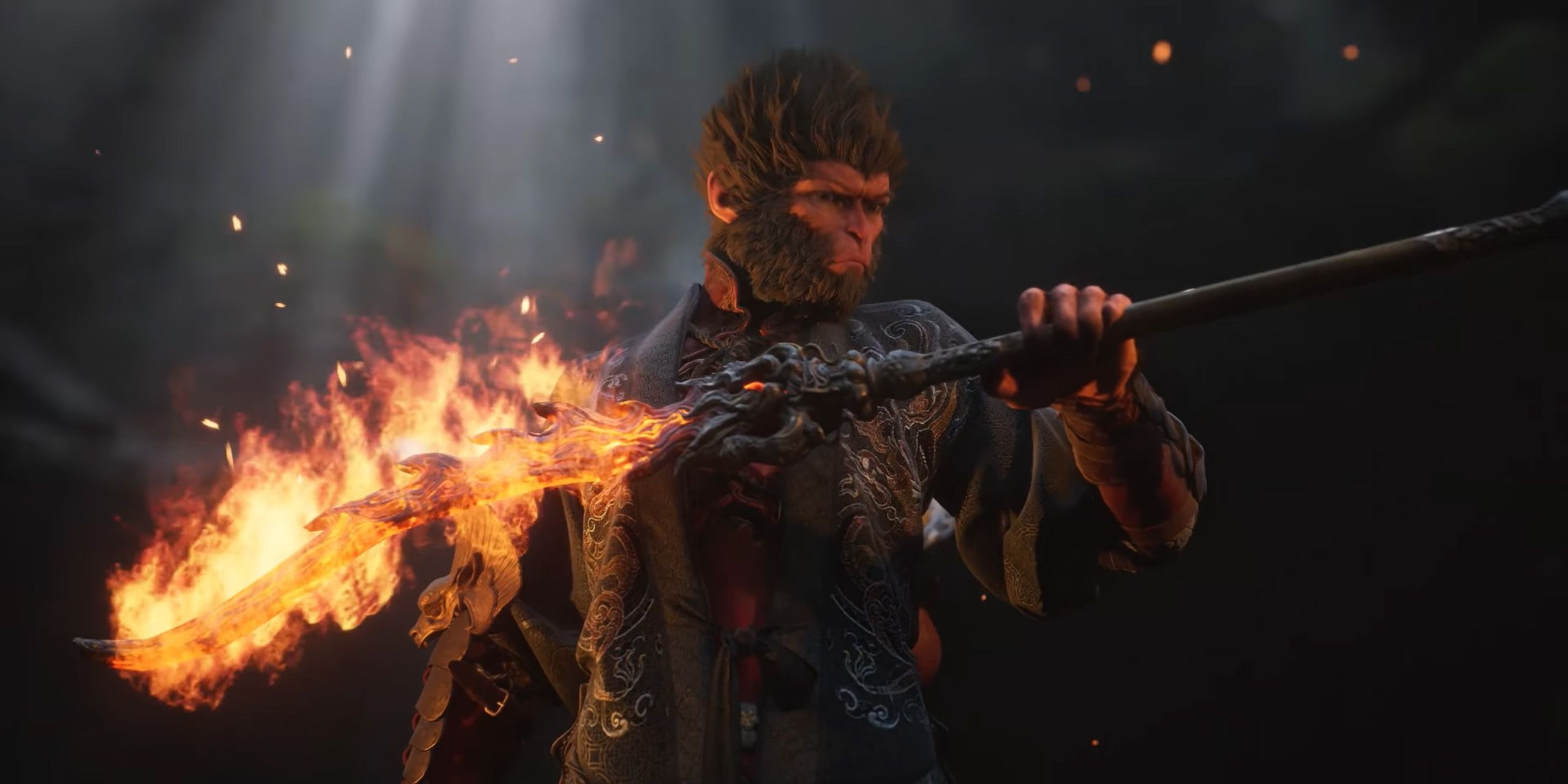 The Destined One holding a fire sword in a dark cave from Black Myth: Wukong.