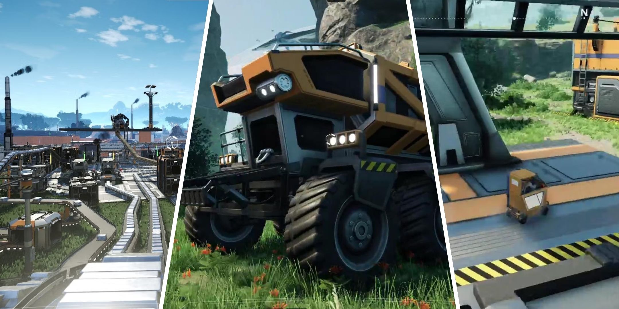 A sprawling factory floats off to the left, Pioneer drives a small factory cart to the right, and a truck sits in the middle.