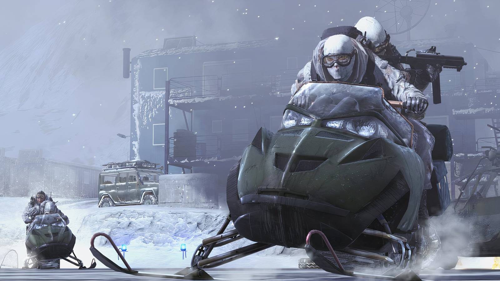 Screenshot from Modern Warfare 2 showing enemies riding a snowmobile