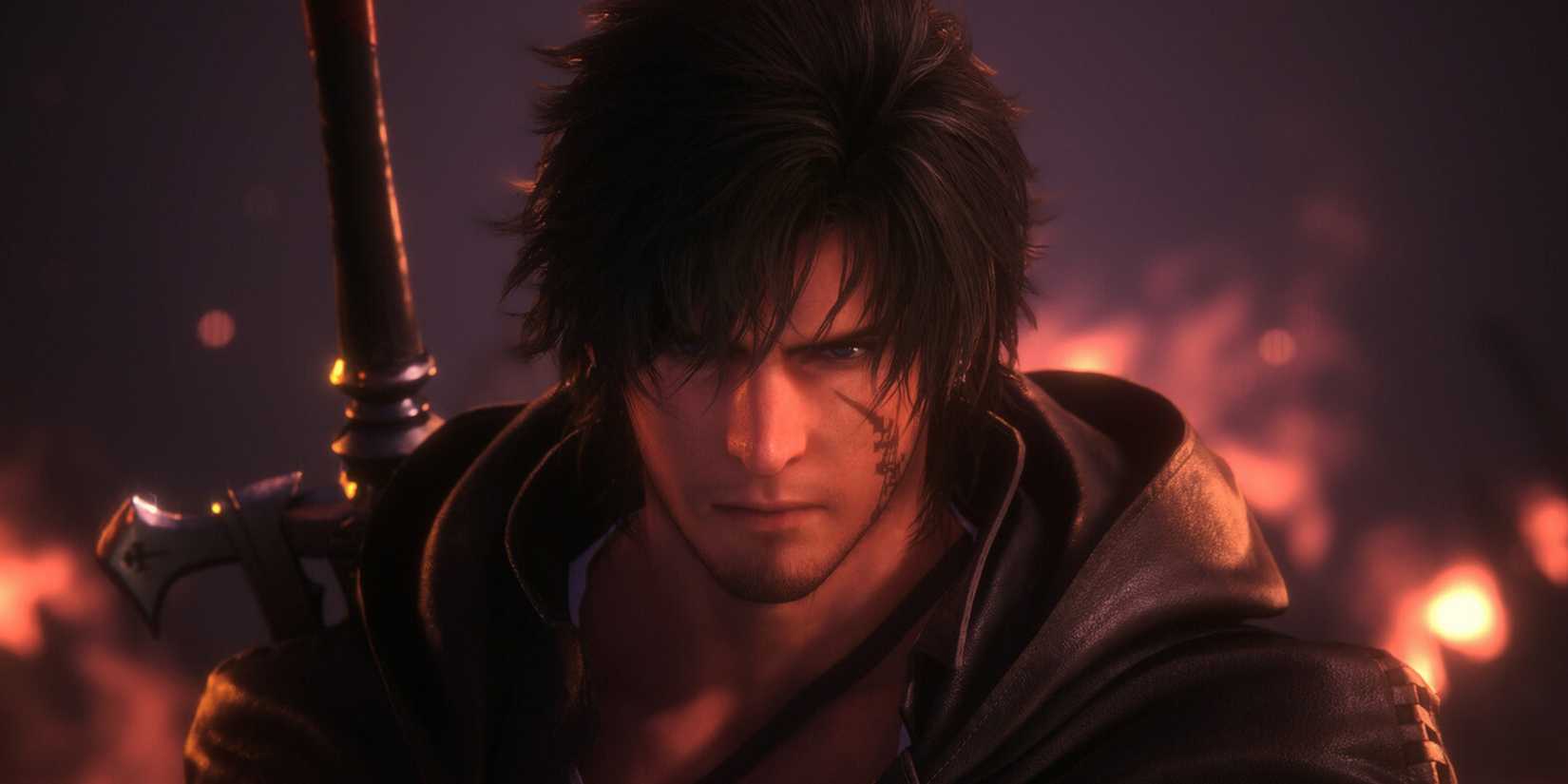 A close-up of Clive Rosfield on a burning battlefield from Final Fantasy 16.