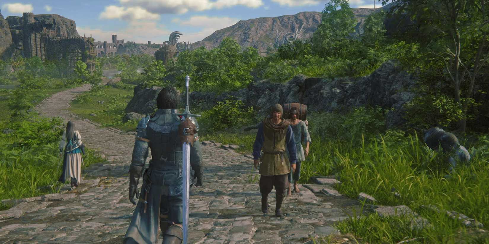 Clive Rosfield passes two travelers on a grassy pathway from Final Fantasy 16.