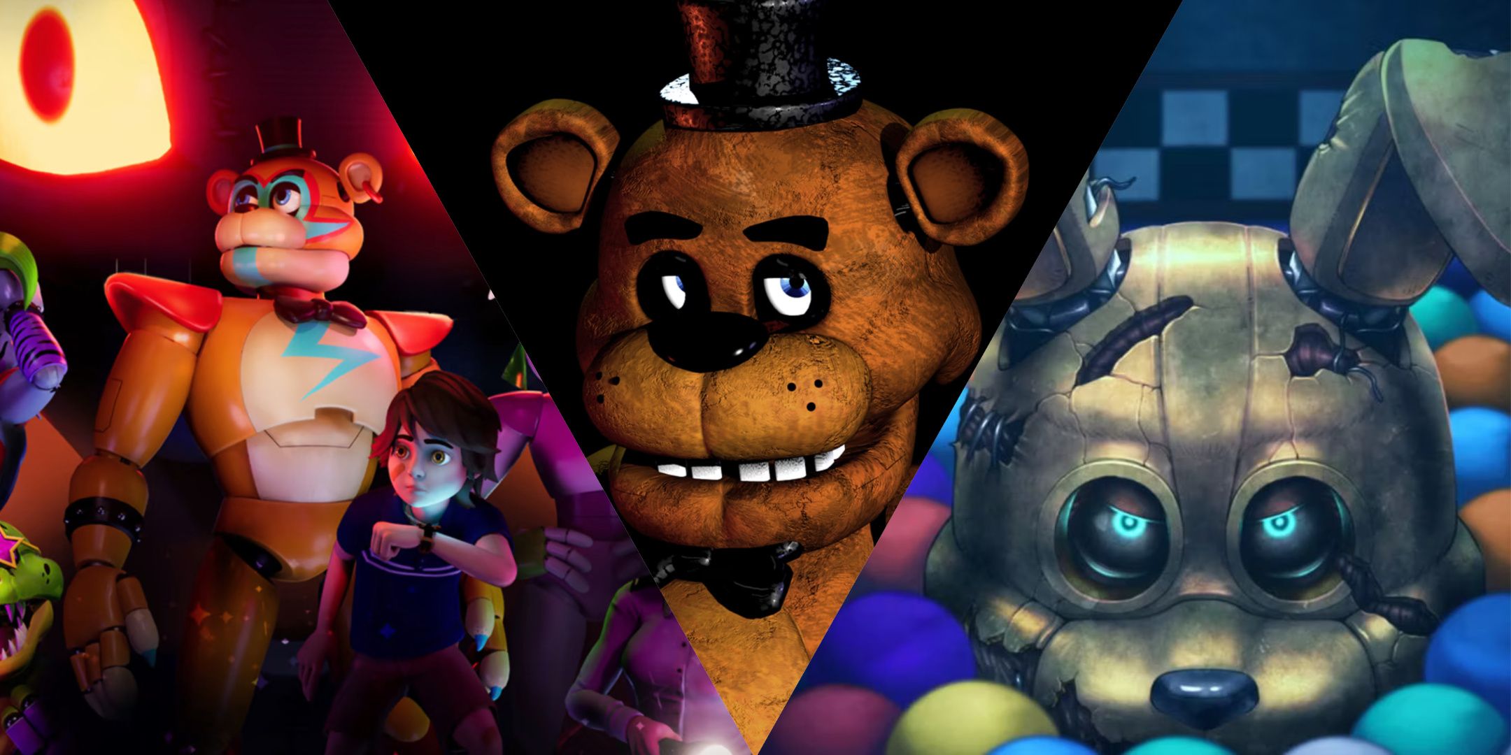 Five Nights at Freddy's: Security Breach promotional artwork, with Glamrock Freddy standing behind Gregory, the original game's Freddy in the middle, and the Yellow Rabbit promotional artwork from Five Nights at Freddy's: Into the Pit.