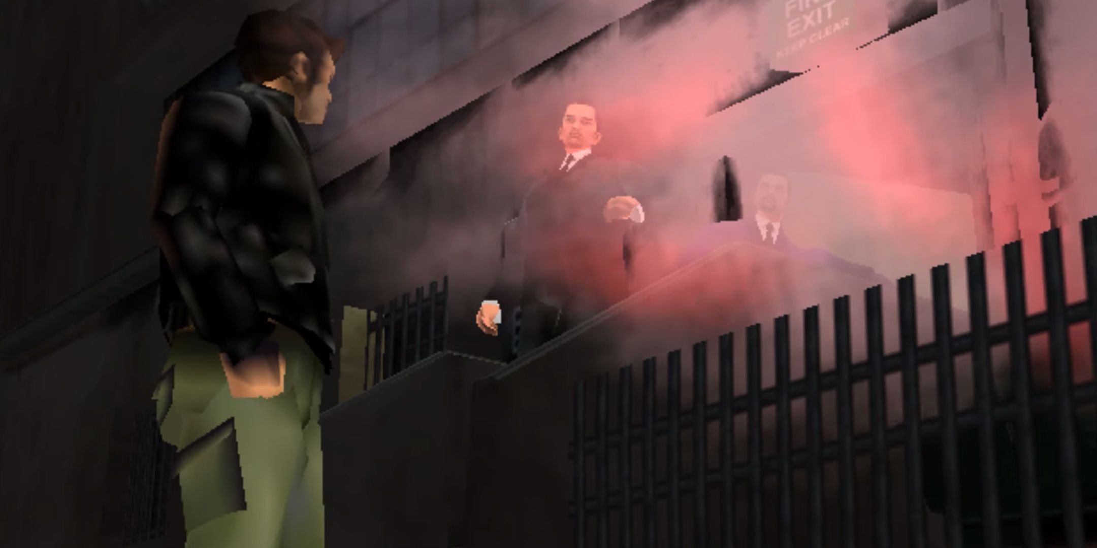 Screenshot of Grand Theft Auto 3 running on the Sega Dreamcast, Claude speaking to two men in red smoke on the stairs outside of a building