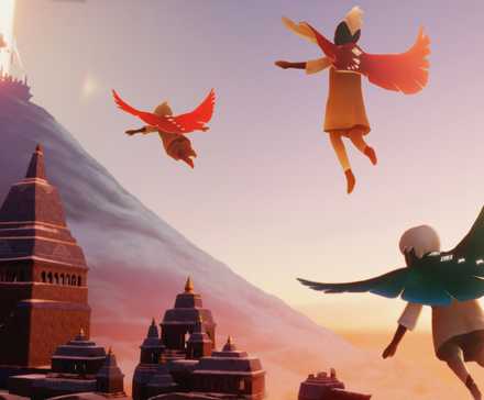 Three adventurers flying over a city toward a volcano from Sky: Children of the Light.