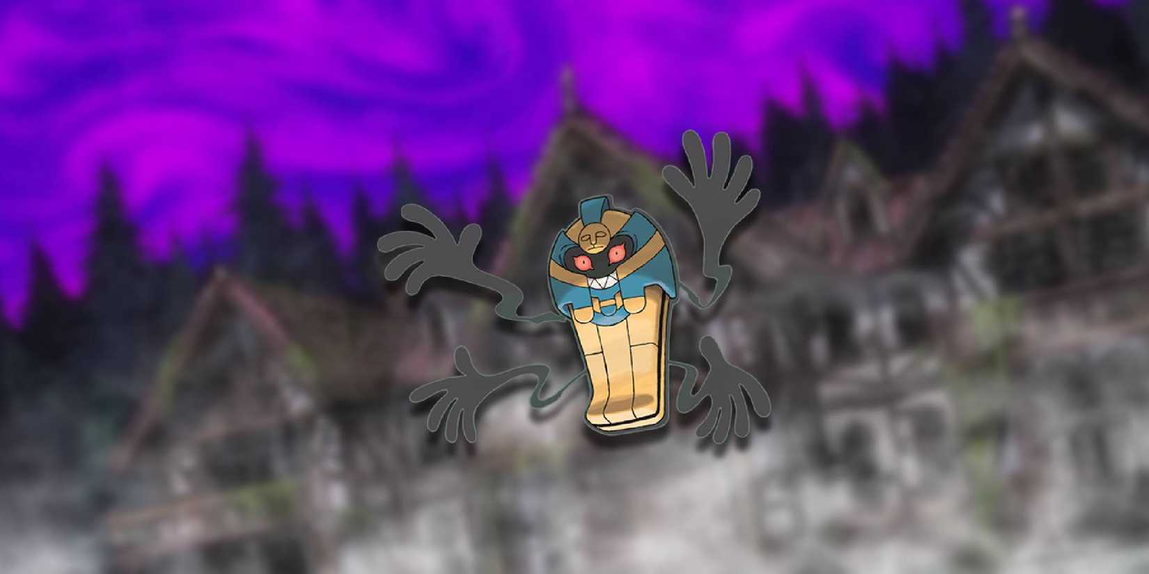 The Pokemon Cofagrigus before a haunted mansion.