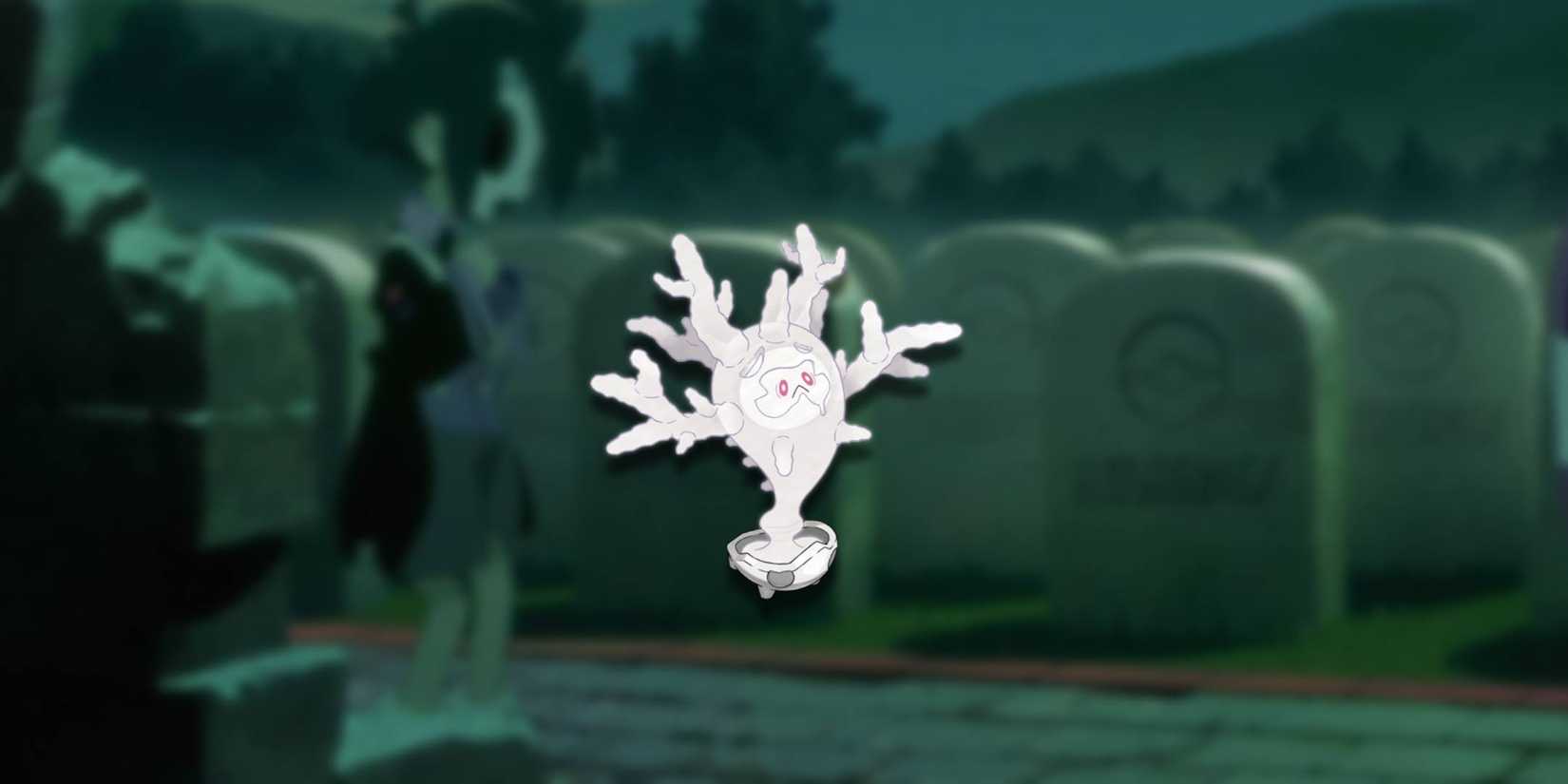 The Pokemon Cursola before a cemetary.