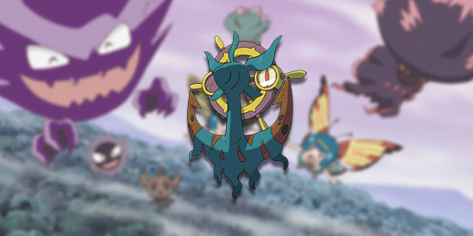 The Pokemon Dhelmise before some Ghost Pokemon.