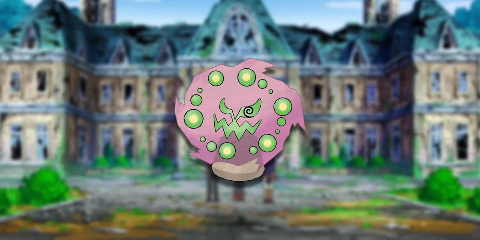 The Pokemon Spritomn before a haunted mansion.