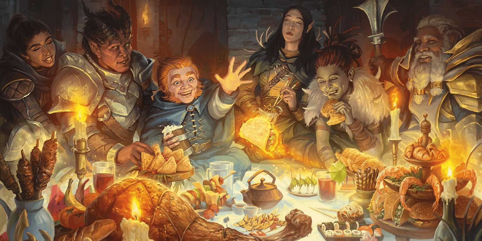 A DnD image showing a party of adventurers about to consume the Feast of Heroes.