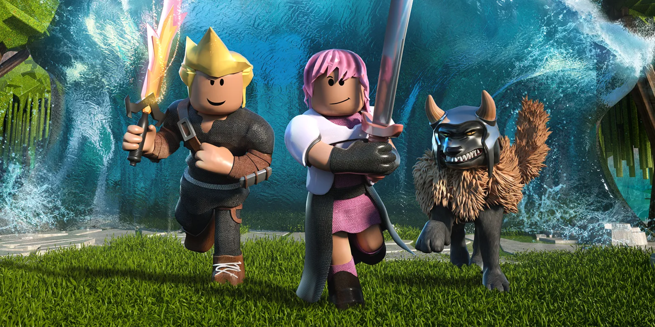 Roblox Fan Threatens To Sue Over Million Dollar Banned Accounts Two Roblox Characters And A Wolf Running To The Screen Away From A Large Wave Of Water 