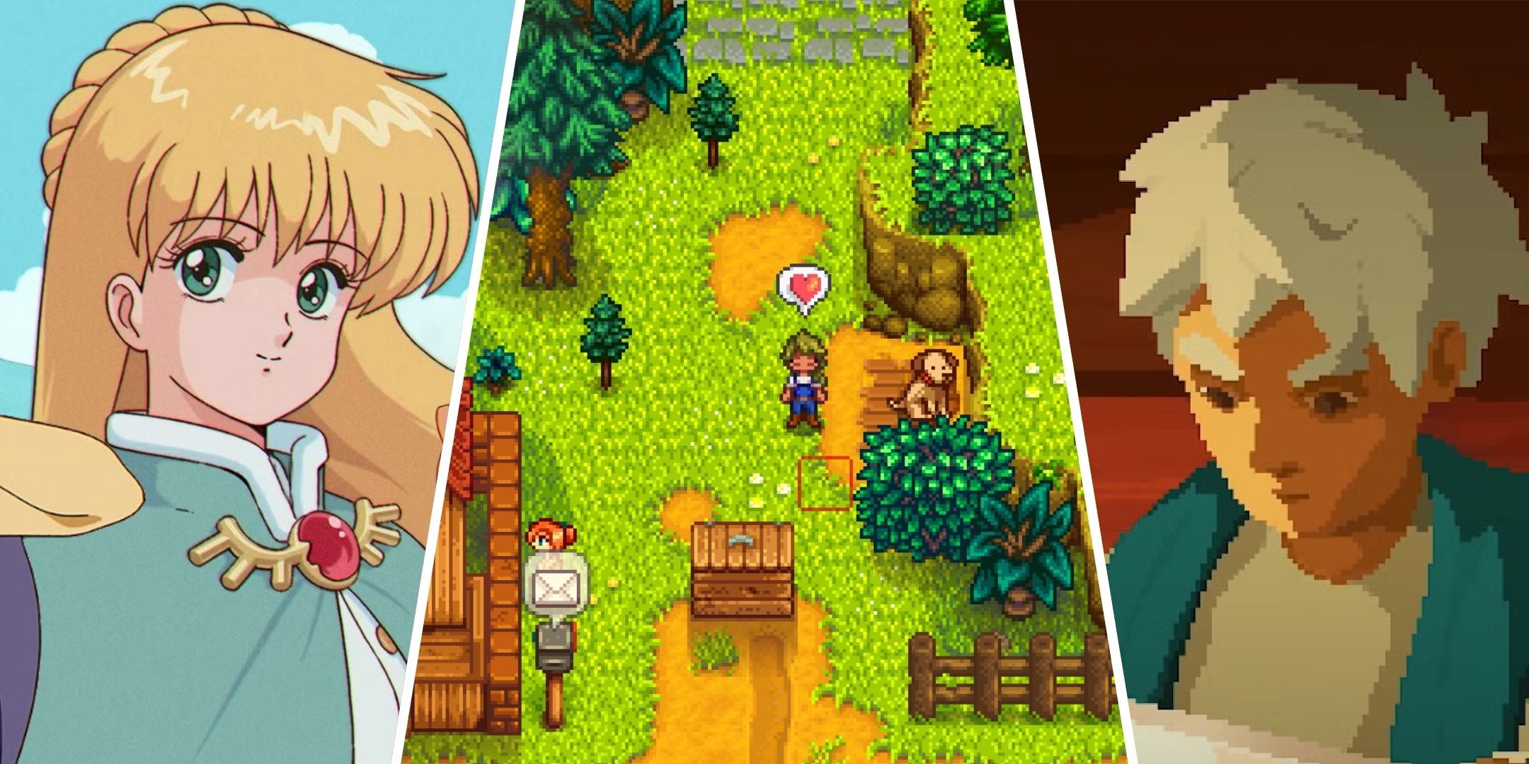 Split images featuring Celine from Fields of Mistria, a farmer from Stardew Valley, and Will from Moonlighter.