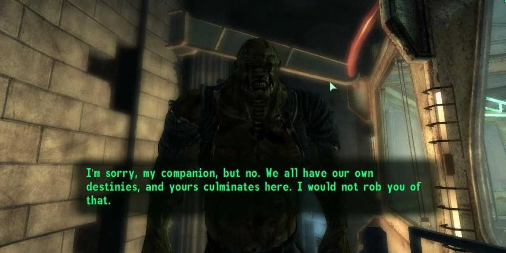 Fawkes telling a Fallout 3 player that they should go and activate the water purifier, not him, even though he is immune to radiation