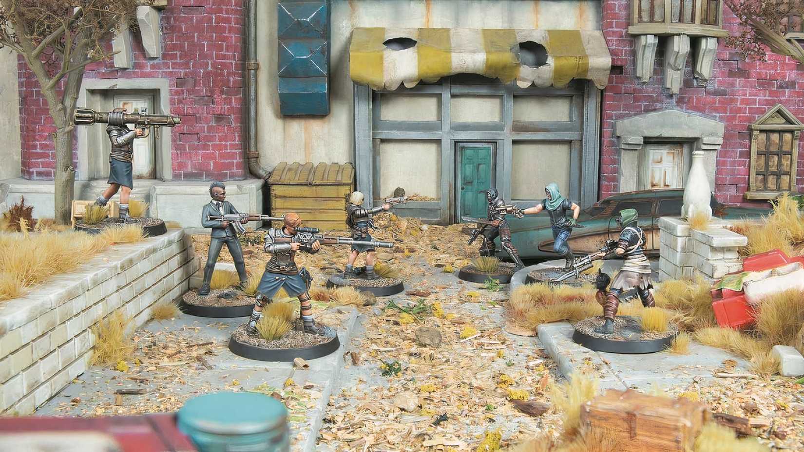 Fallout factions battle on a post-apocalyptic street