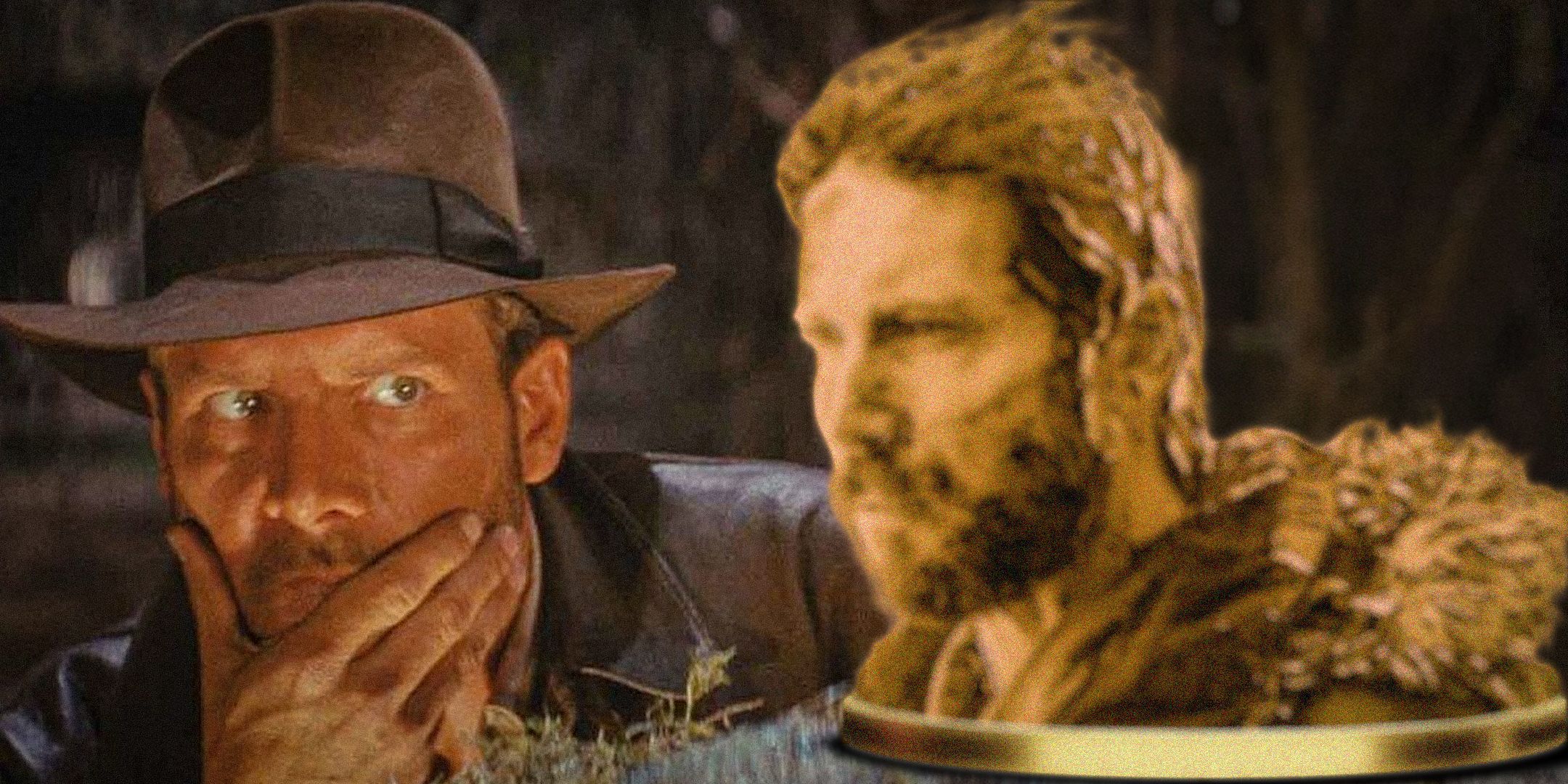 Indiana Jones admiring a golden statue of Troy Baker