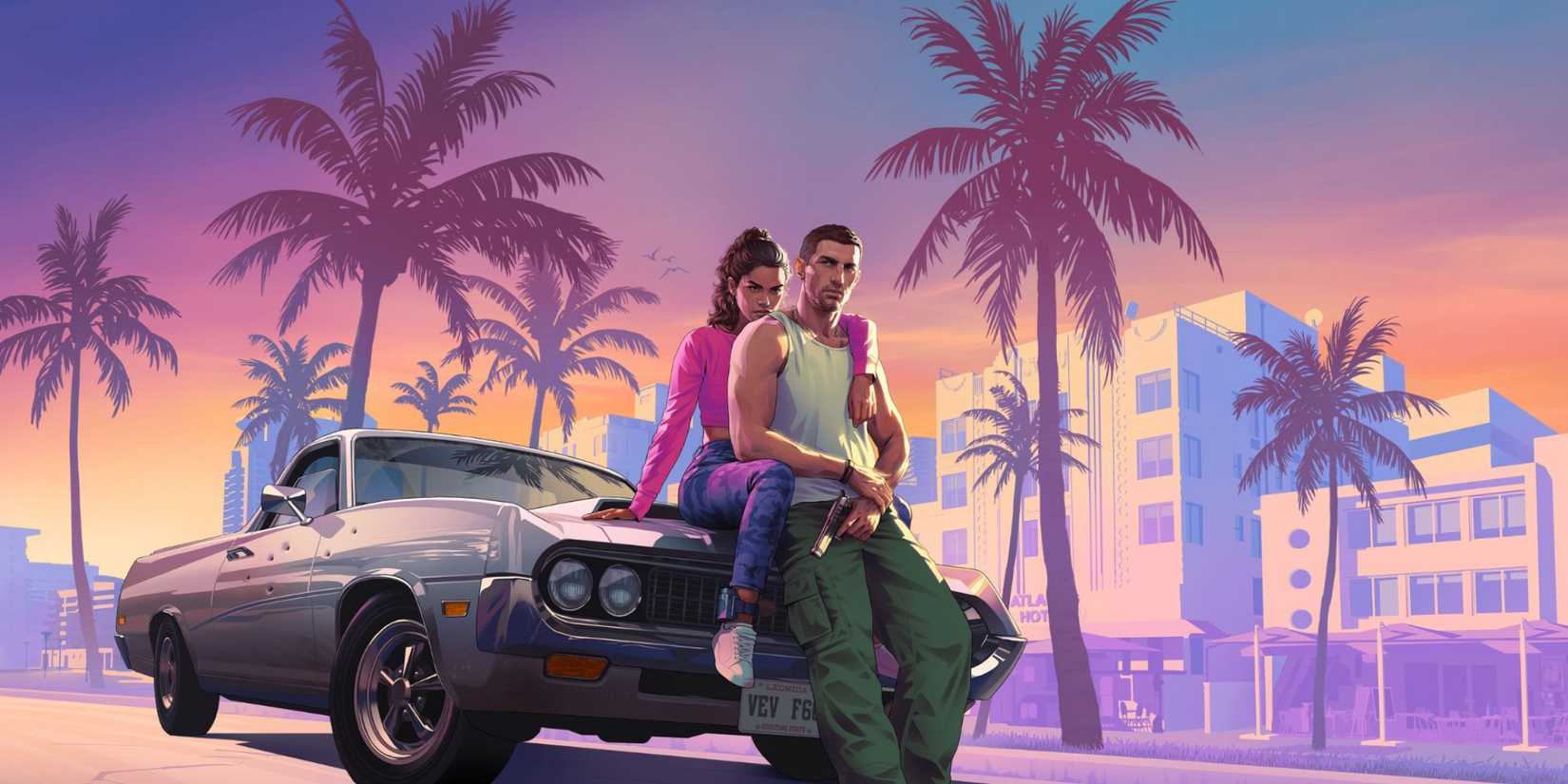 Jason and Lucia on the hood of their car in the key art for Grand Theft Auto 6.