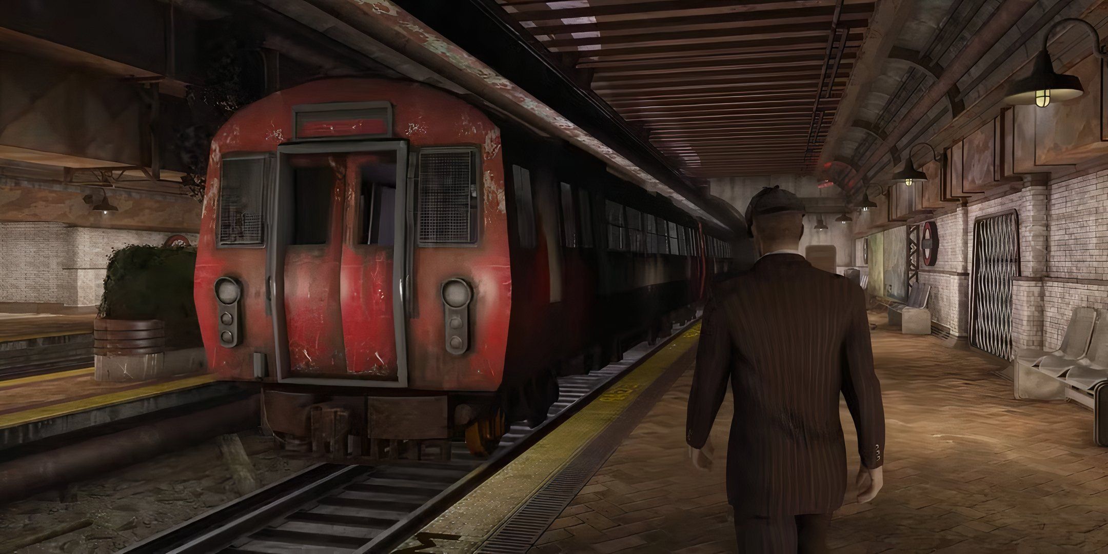 A man walking toward one of the trains in The Tube