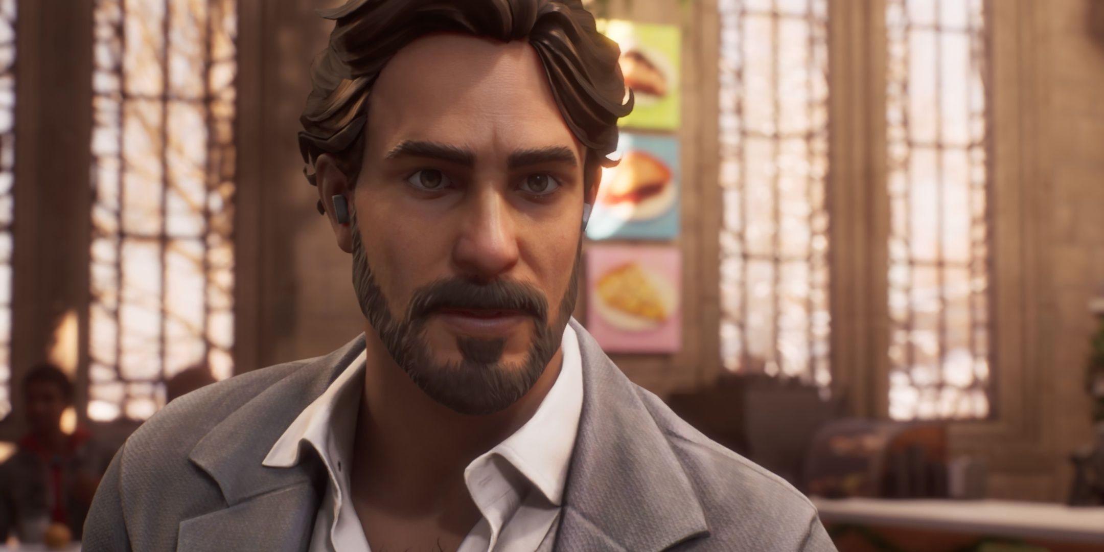 Lucas with a picture of food and a window behind him in Life is Strange Double Exposure.