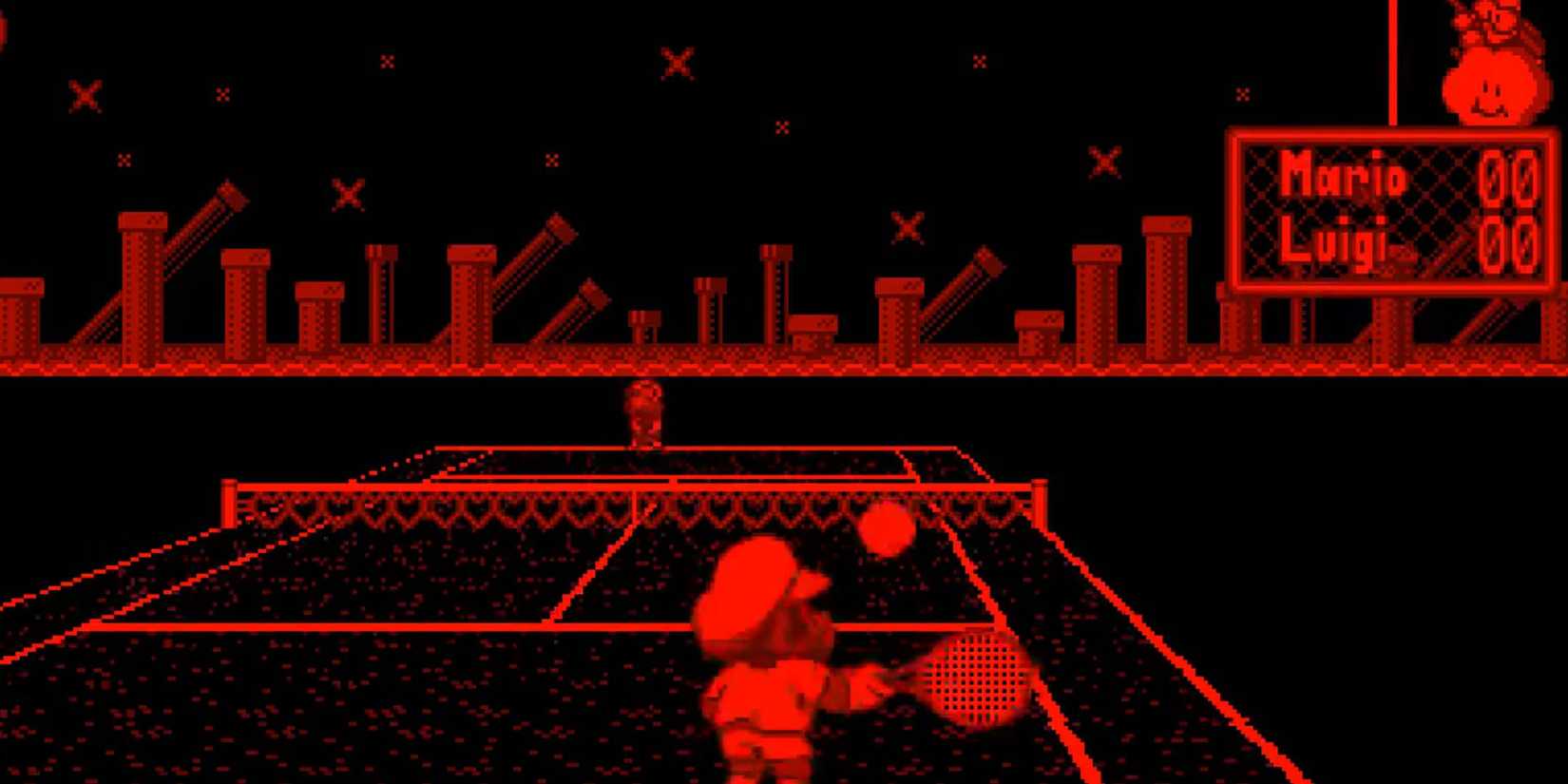 Mario returns a serve against Luigi in the Virtual Boy game Mario's Tennis.