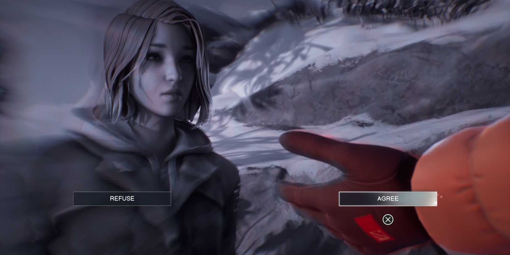 Max in life is strange double exposure looking at Safi's outstretched hand with the options to refuse or agree.