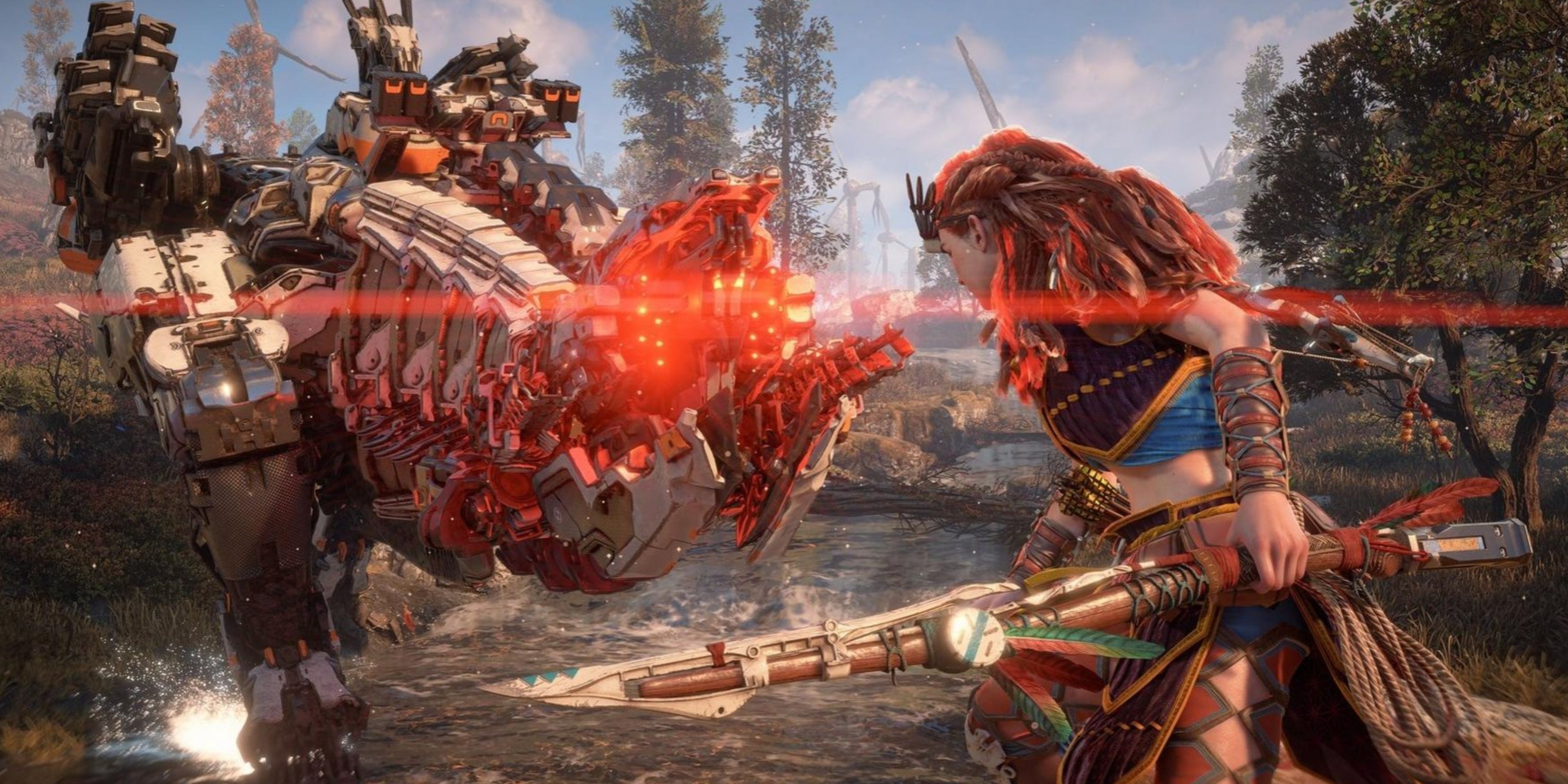 aloy and a mech in horizon zero dawn remastered