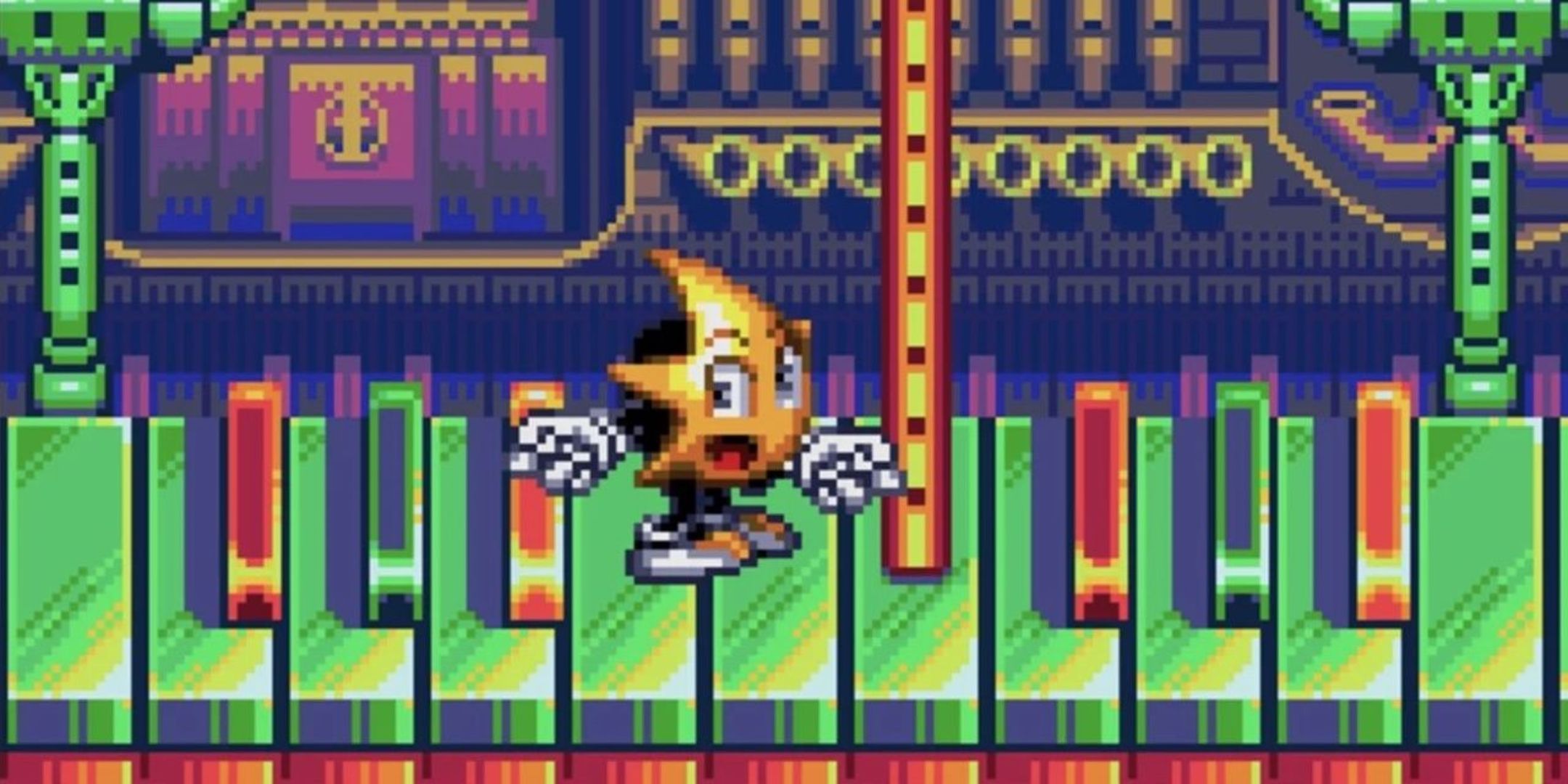 Ristar snapping his fingers on the piano keys in his self-titled 1995 Sega Genesis game Ristar.