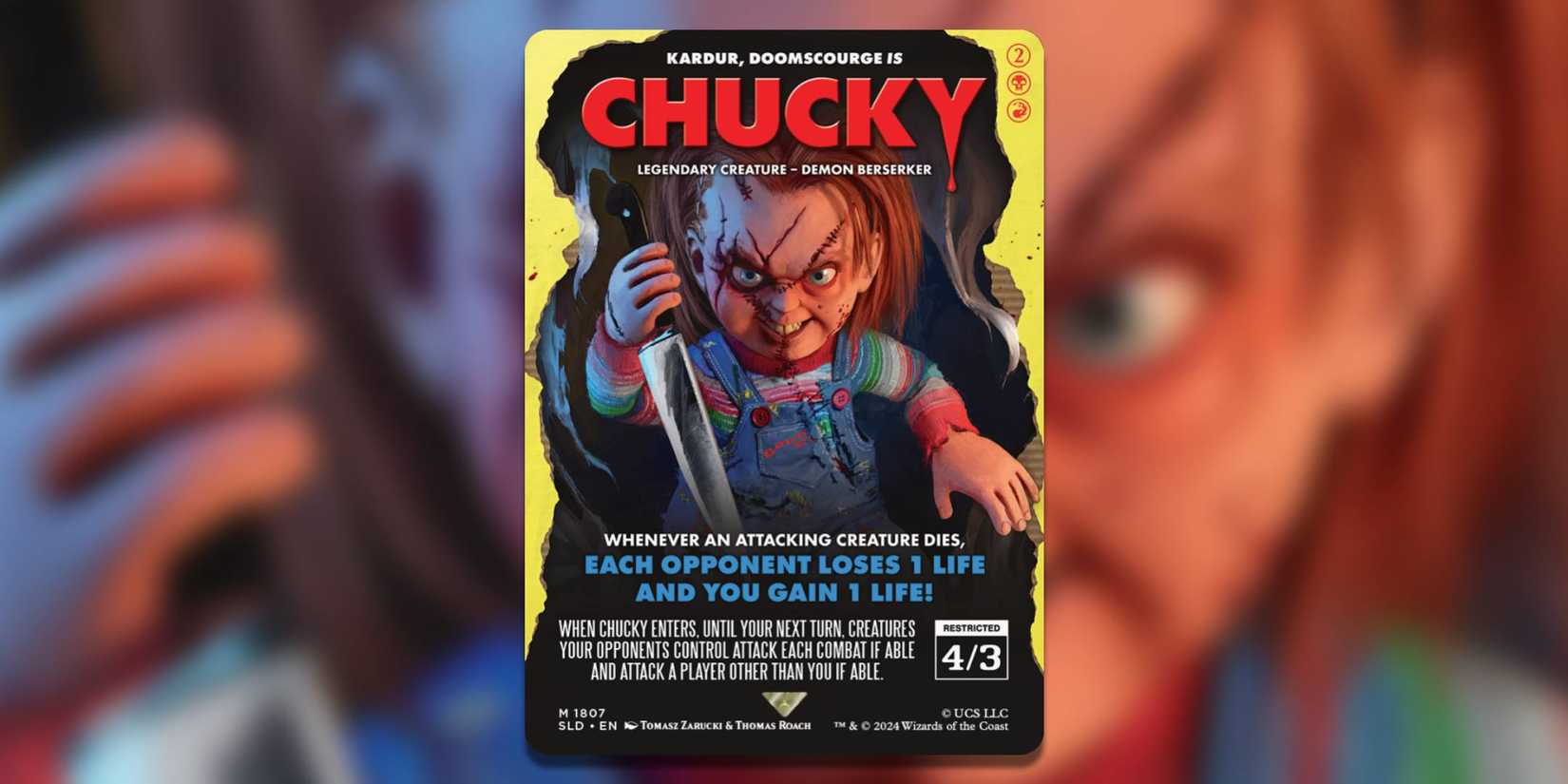 The Magic The Gathering Secret Lair Card Chucky by Tomasz Zaucki and Thomas Roach.