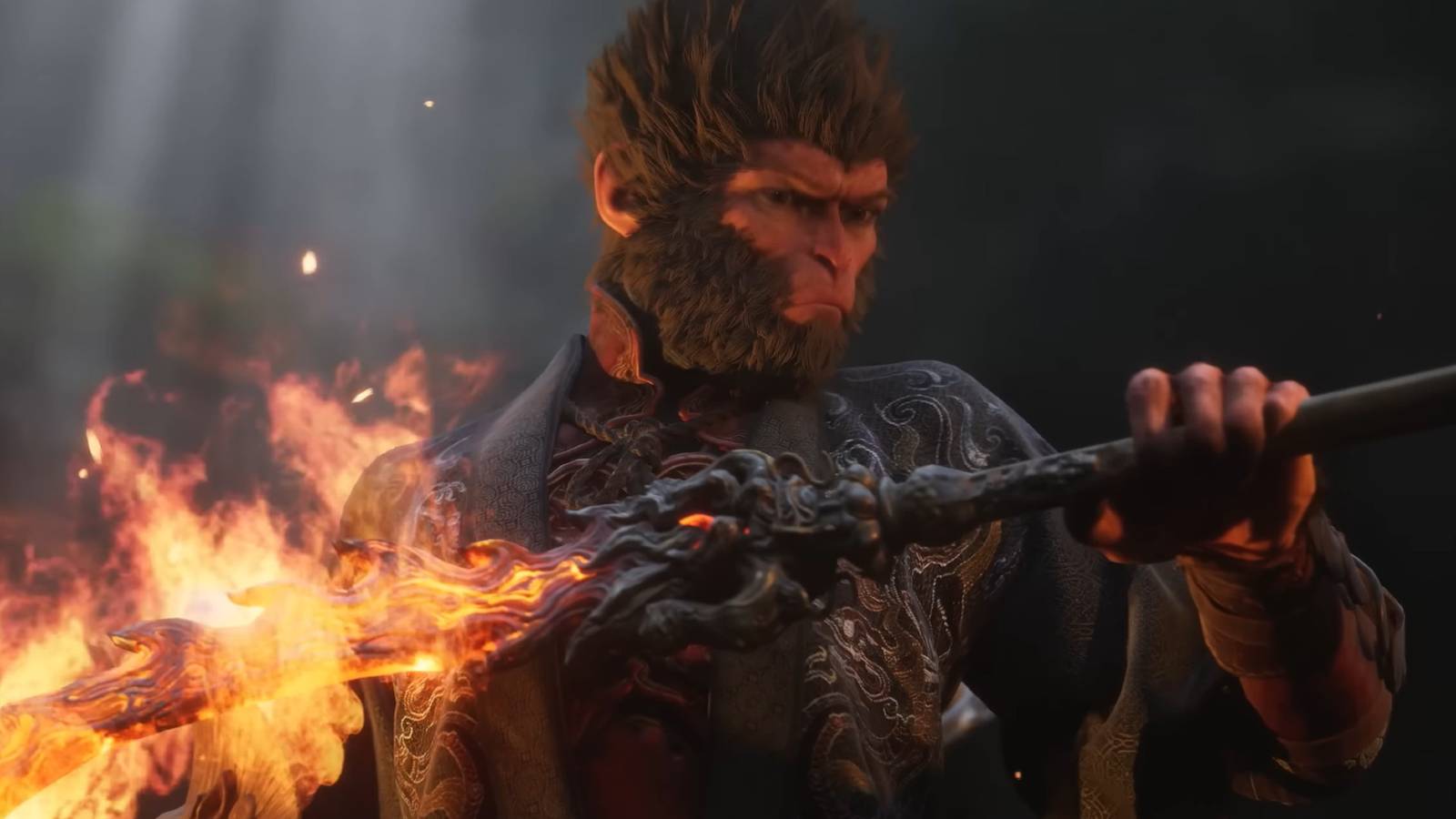 A monkey man holding out a spear that's on fire in Black Myth Wukong.