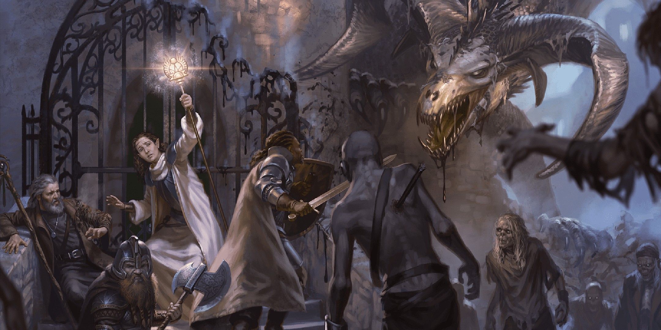 Adventurers surrounded by zombies and a black dragon from DND. 