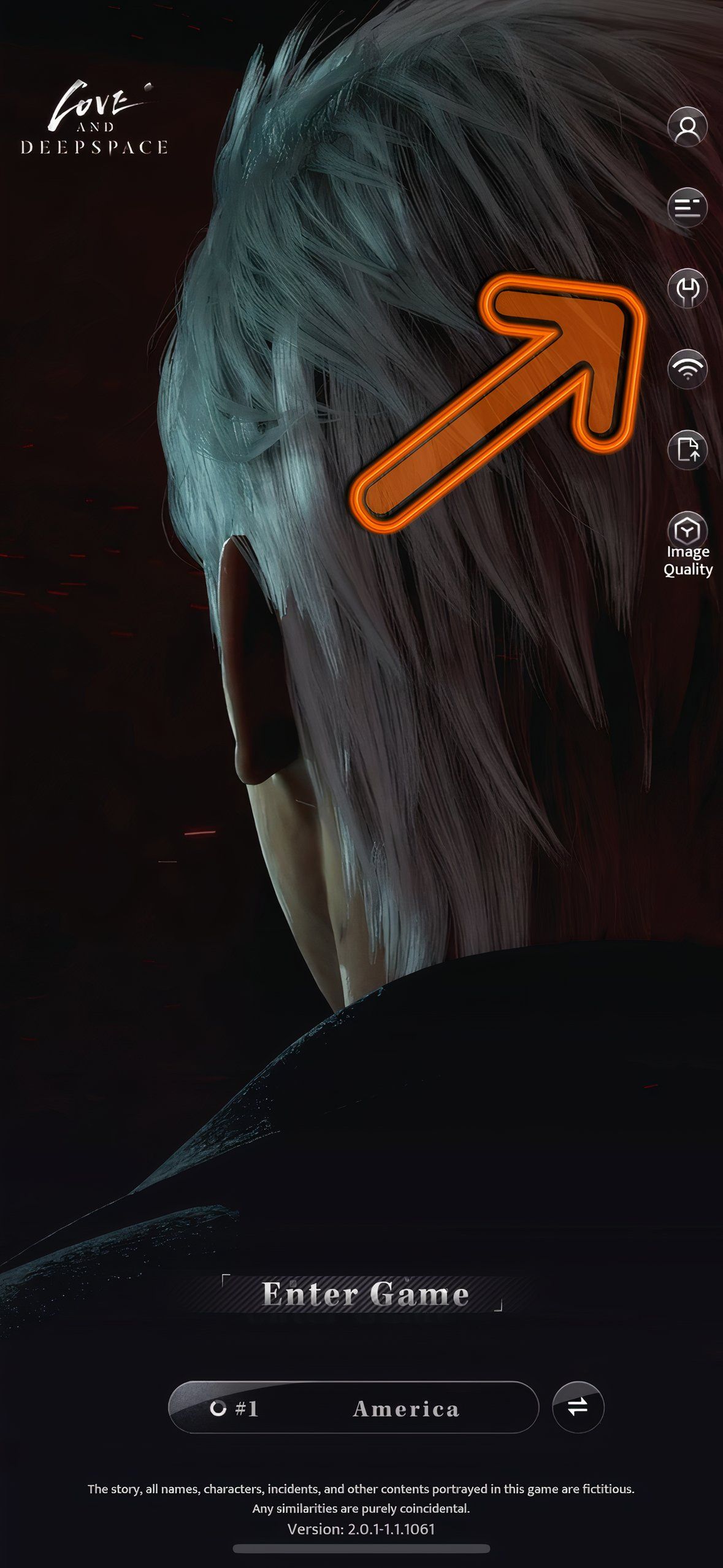 Love And Deepspace: An image of the home screen with an orange arrow indicating the Wrench icon.