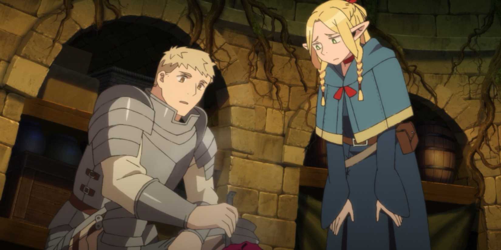 Laios tends to the cooking pot while Marcille watches with a skeptical expression.