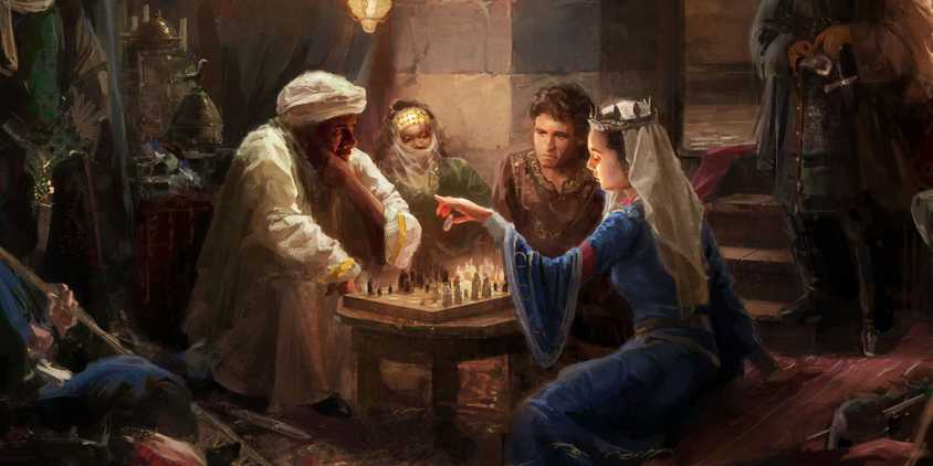 Gente jugando al ajedrez en Crusader Kings 3.