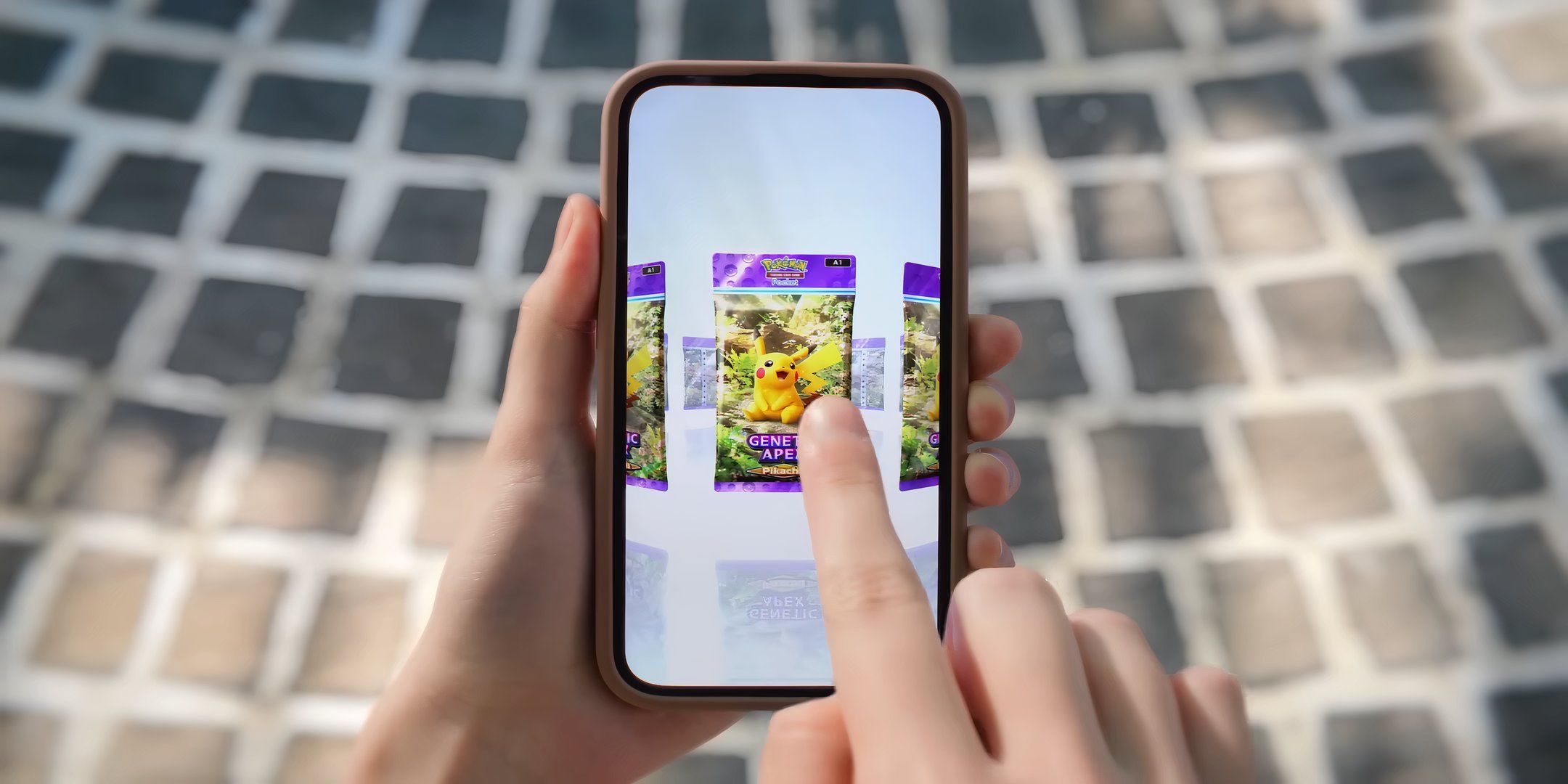 Jogador escolhendo um pacote do Pokémon TCG Pocket com Pikachu.