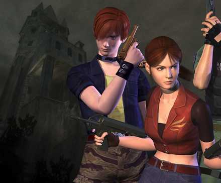 Claire Redfield, Chris Redfield, and Steve flexing their guns in Resident Evil - Code: Veronica.